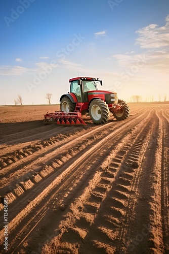Tractor plowing agricultural field in cultivation, tillage. Groove row pattern