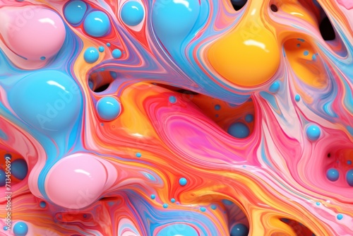  a close up of a multicolored liquid substance with blue  yellow  pink  and orange colors on it.
