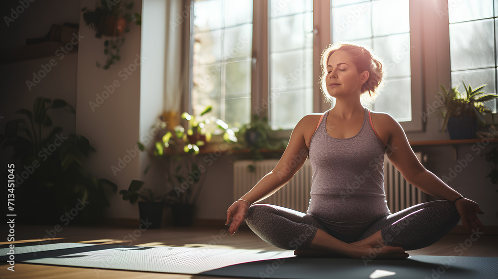 Overweight Woman Doing Yoga Exercises on Mat in Living Room - Home Training, Weight Loss Overweight Woman Doing Yoga Exercises on Mat in Living Room - Home Training, Weight Loss
