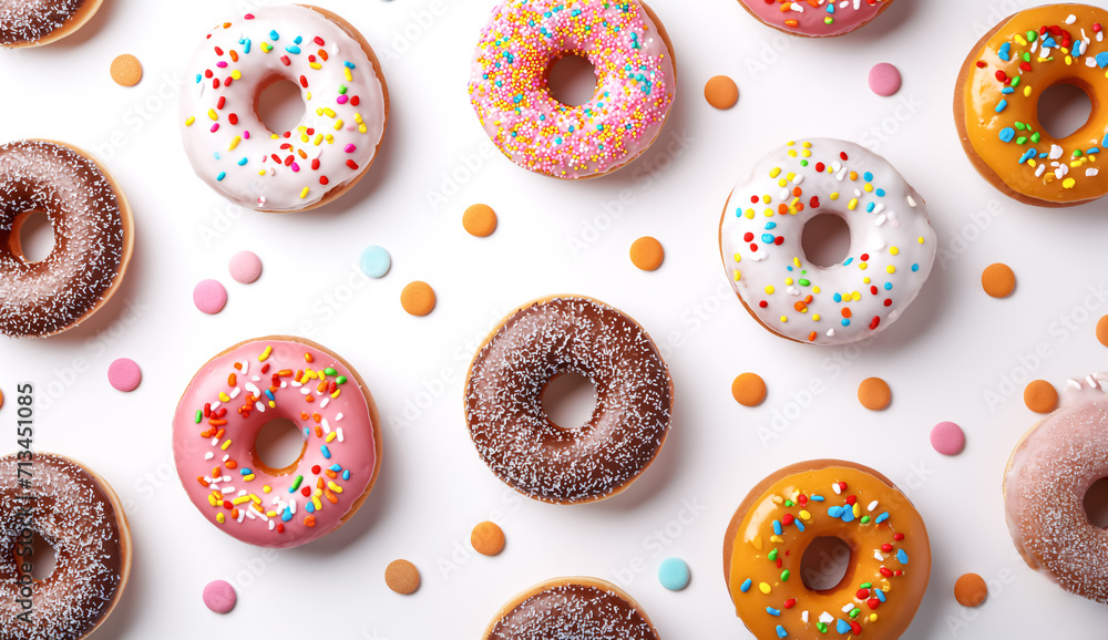 Flat lay donuts pattern isolated on a white background. Top view
Flat lay donuts pattern isolated on a white background. Top view