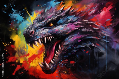  a painting of a dragon with its mouth open and colorful paint splatches all over it s body.