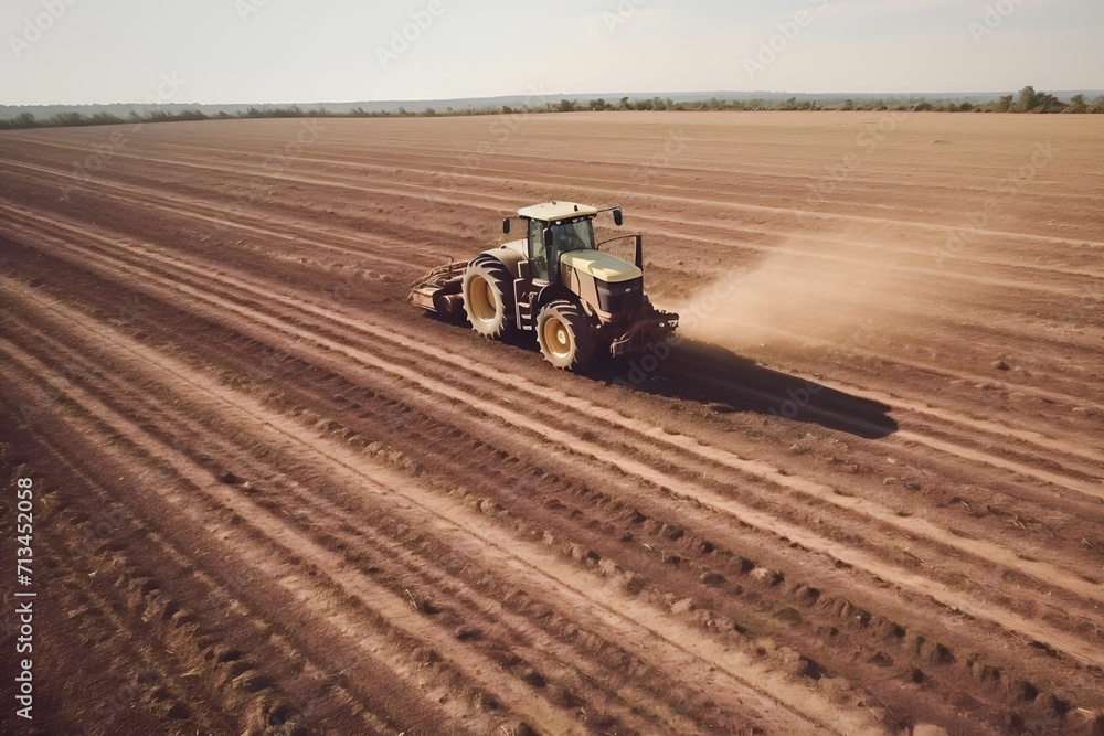 Obraz premium Tractor plowing agricultural field in cultivation, tillage. Groove row pattern
