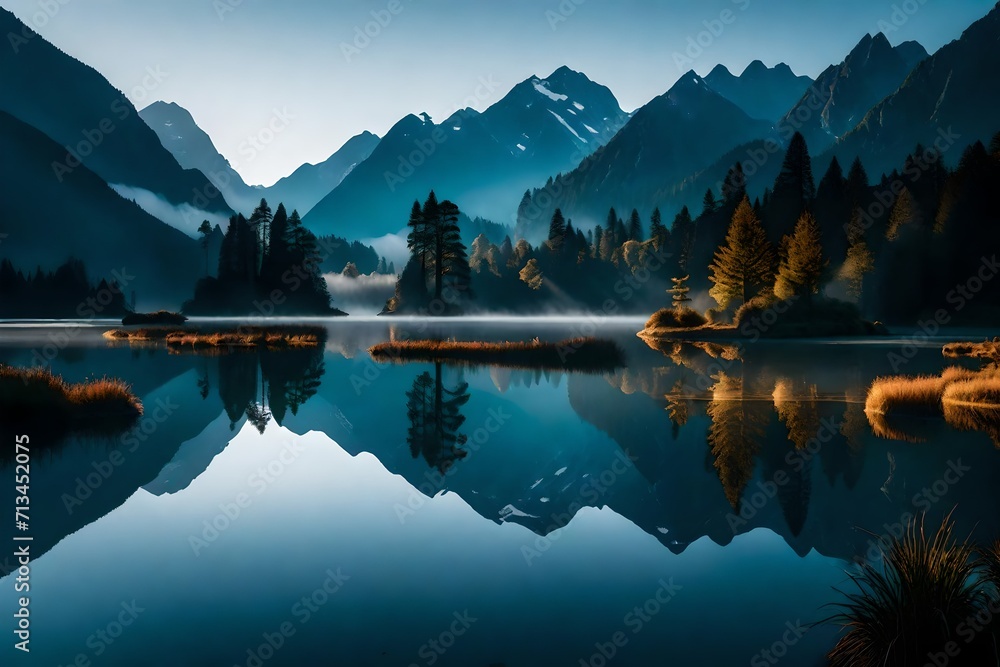 A mesmerizing view of Lake Matheson at dawn, with the water reflecting the soft colors of the sky and the surrounding mountains covered in a gentle morning fog.