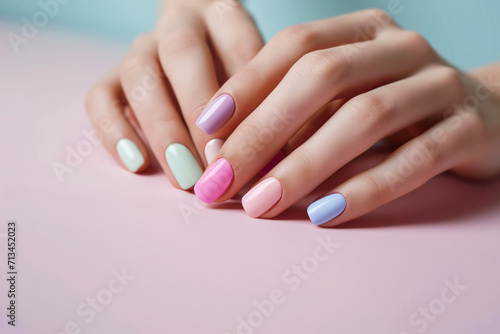 Female hands delicate nails painted in soft pastel shades against a pastel background
