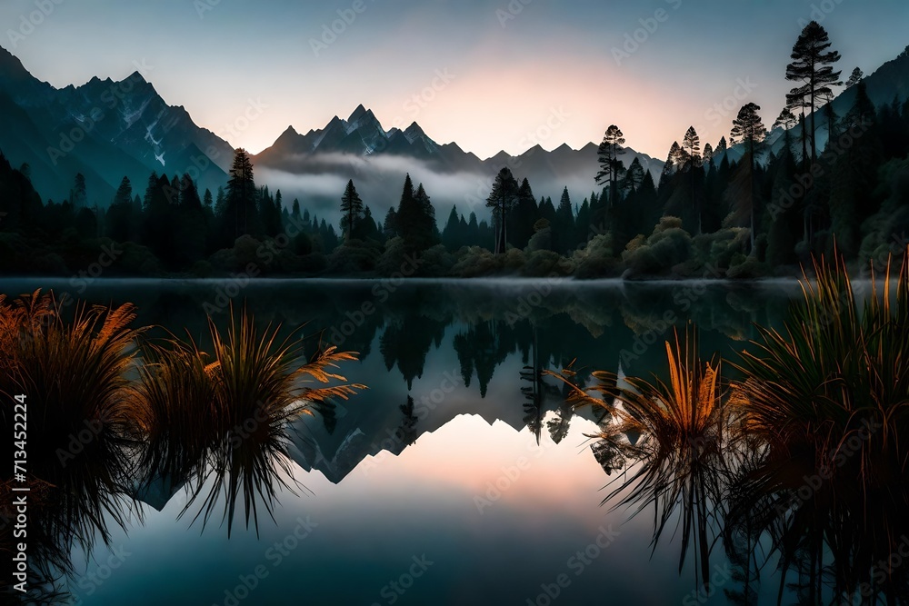 Lake Matheson in the early hours, its mirror-like surface reflecting the delicate colors of the sunrise, surrounded by mountains enveloped in a gentle morning haze.
