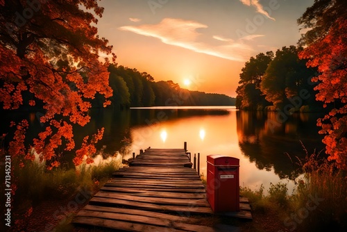 The warm glow of a summer sunset spreading across the sky over a calm lake, an abandoned pier leading to a red mailbox at the end, surrounded by the leafy embrace of trees.