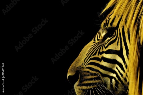  a close - up of a zebra s face with long  straight  yellow hair on a black background.