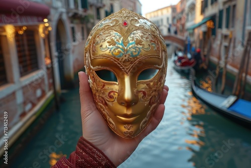 Man or woman holding golden Venetian carnival mask on the bridge in Venezia at traditional Carnival in Venice. Carnival party concept. Festive backdrop for design card, banner, flyer with copy space
