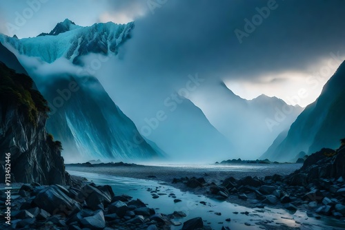 The magical atmosphere of Fox Glacier at dawn, where the glacier meets the mist-covered mountains, creating a scene straight out of a fantasy.