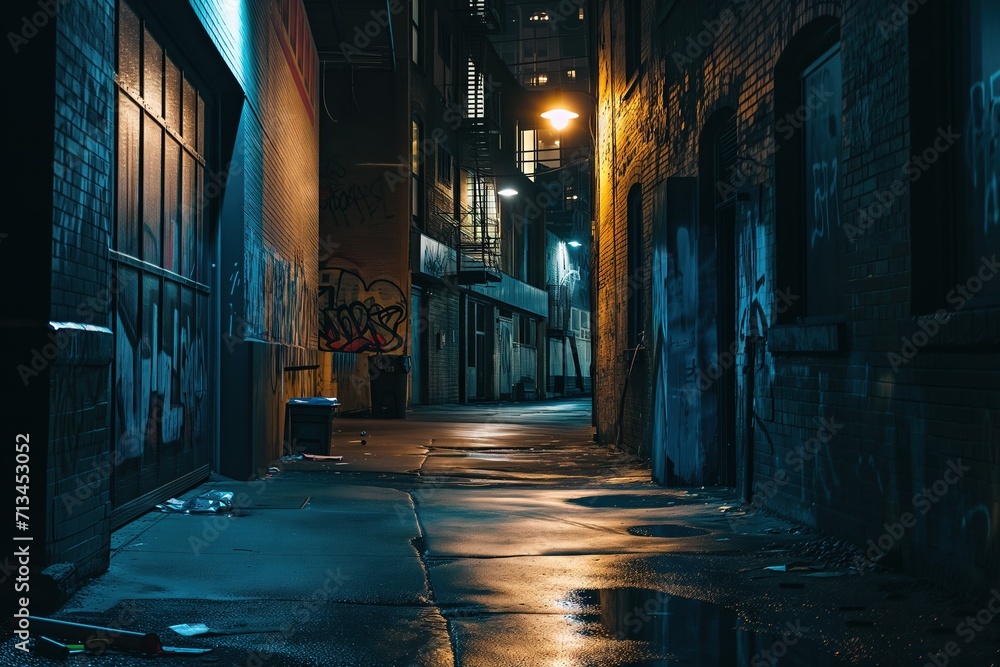 Enigmatic City Noir: Midnight Passage Secrets. Darkened urban decay with expressive graffiti storytelling. Atmospheric allure. Generative AI