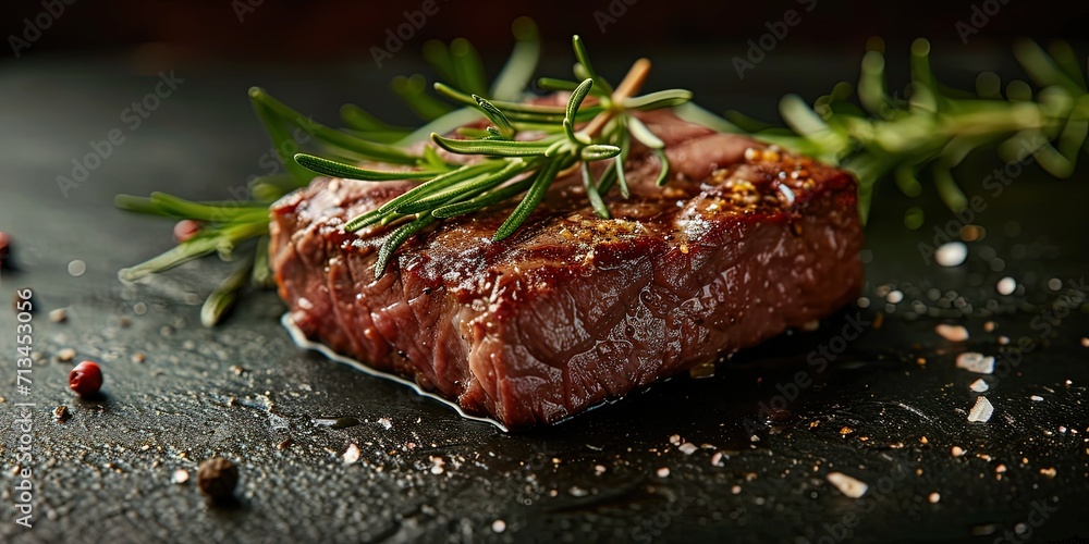 Incredibly delicious juicy medium rare steak with side dish, potatoes, fresh, stewed vegetables, sauce, grilled meat, background, template, wallpaper.