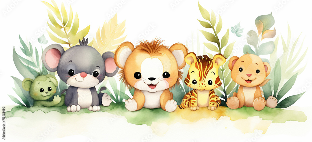 Naklejka premium watercolor illustration cute baby safari animals sit on green grass and tropical leaves