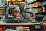 retail worker is dozing off behind a cash register in a bustling store. industrial fatigue concept. World Sleep Day