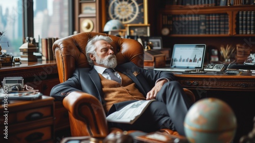 CEO is napping in a luxurious leather chair in a spacious office.
