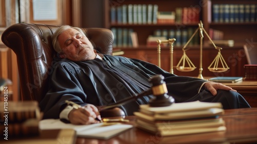 judge sleeps in a large high-backed leather chair in the courtroom. industrial fatigue concept. World Sleep Day photo