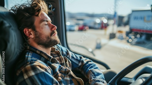driver is asleep in the driver's seat of the vehicle. industrial fatigue concept. World Sleep Day photo