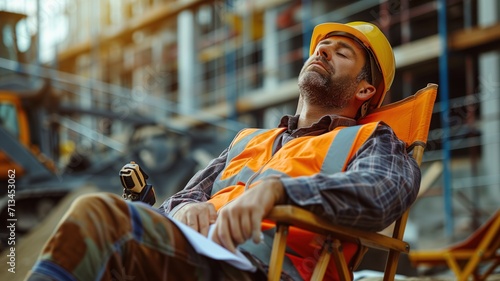 engineer is dozing off on a folding chair at a construction site. industrial fatigue concept. World Sleep Day. working overtime