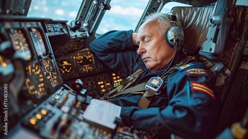 civil aviation pilot sleeps in the cockpit of an airplane. industrial fatigue concept. World Sleep Day photo