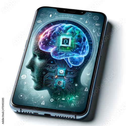 Téléphone affichant un cerveau intégré à un circuit électronique idéal pour article, blogs traitant de : l' intelligence artificielle, Piraterie, sécurité informatique, virus, hacker, hacking, pirate, photo
