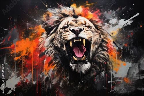  a painting of a lion with its mouth open and it s mouth wide open with it s mouth wide open.