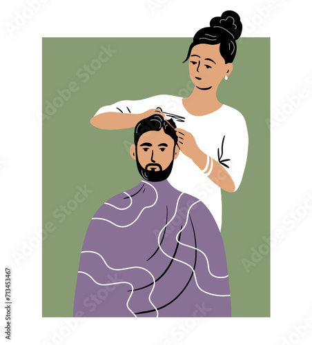Beauty salon barbershop. A woman hairdresser gives a haircut to a male client. Flat vector illustration. A woman hairdresser gives a haircut to a male client. Flat vector illustration