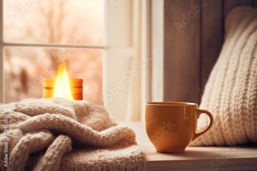  a cup of coffee sitting on top of a window sill next to a blanket and a window sill.