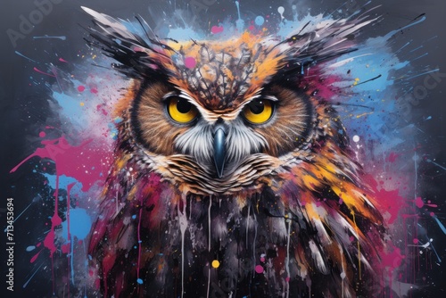  a painting of an owl's face with yellow eyes and colorful paint splatters on a black background. © Nadia