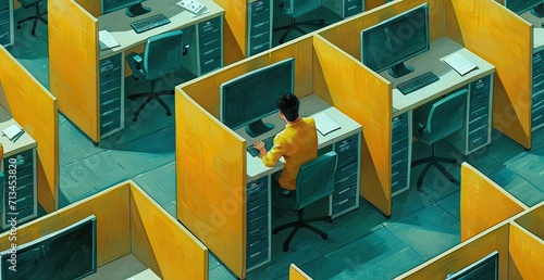 An aerial shot of an employee in a yellow shirt working at a desk within a brightly colored office cubicle setup.