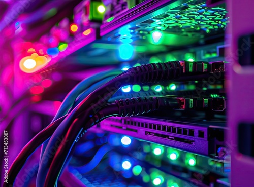 A detailed close-up image capturing the vibrant lights and network cables connected in a server rack at a data center