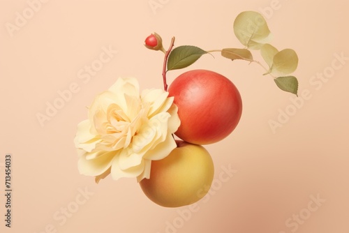  a close up of a flower and two apples on a branch with leaves on a pink background with a pink background.
