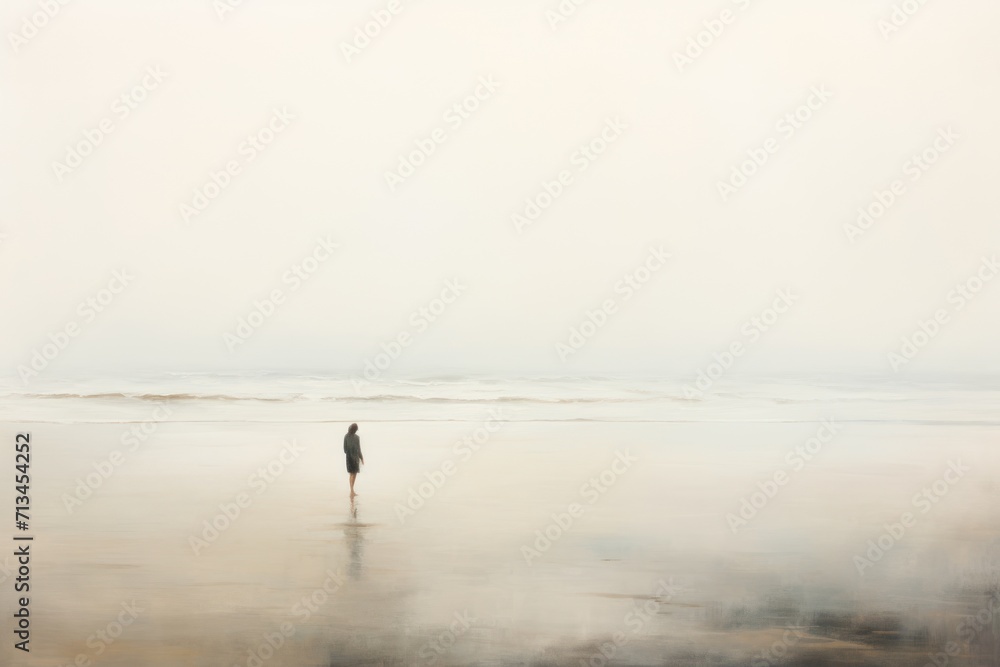  a lone person standing in the middle of the ocean on a foggy day with the ocean in the background.