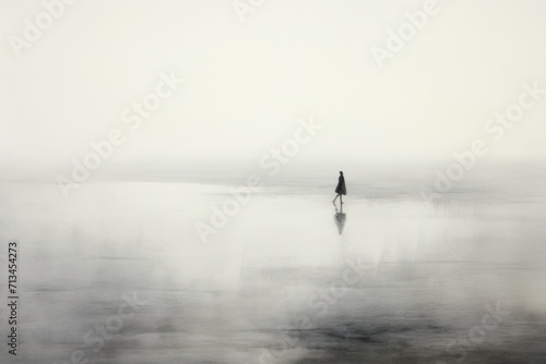  a person standing in the middle of a large body of water on a foggy day with a black umbrella.
