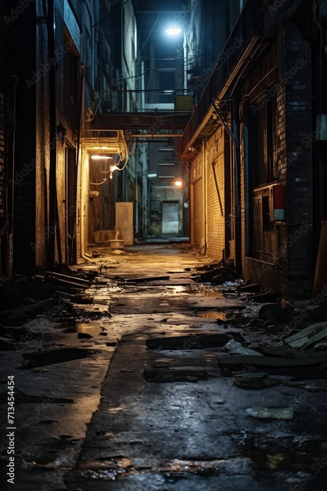 Noir Streets Unveiled: Hidden Urban Charms. Dimly lit alley with aged architecture and captivating graffiti. Twilight intrigue. Generative AI Noir Streets Unveiled: Hidden Urban Charms. Dimly lit alley with aged architecture and captivating graffiti. Twilight intrigue. Generative AI