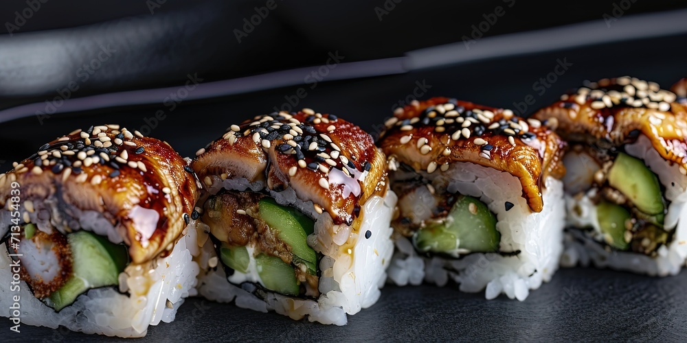 Incredibly delicious set of sushi and rolls, a variety of fish, raw fish, avocado, wasabi, soy sauce, sesame seeds, chopsticks, Japanese food. Incredibly delicious set of sushi and rolls, a variety of fish, raw fish, avocado, wasabi, soy sauce, sesame seeds, chopsticks, Japanese food.