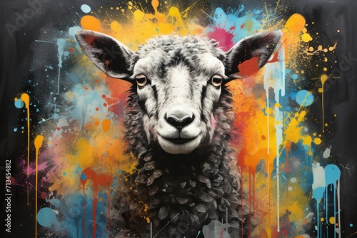  a painting of a sheep with paint splatches on it's face and a black sheep's head.