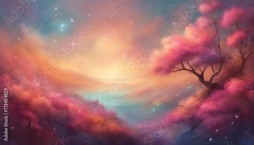 Fantasy landscape. Neon abstract background. Fairy-tale sculpted landscape. Misty prospect. AI generated