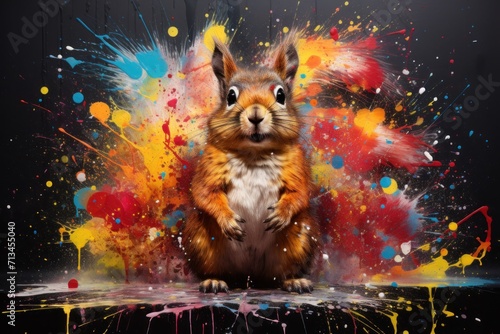  a digital painting of a squirrel with paint splatters all over it's body and a black background.