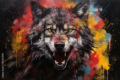  a painting of a wolf with it's mouth open and it's mouth wide open with paint splatters all over it.