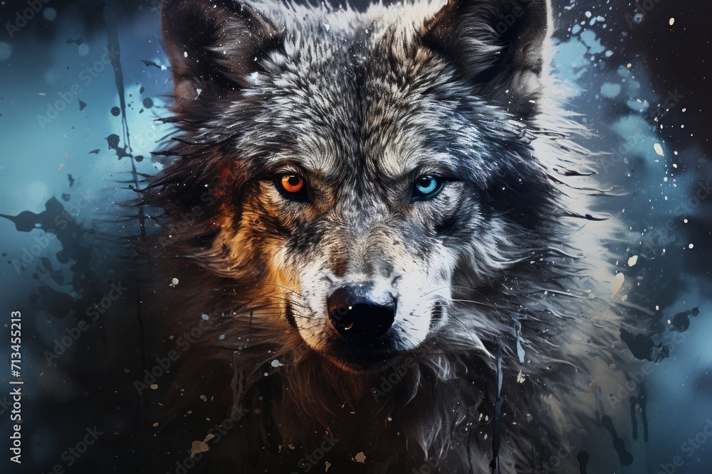  a close up of a wolf's face on a blue and black background with drops of water around it.