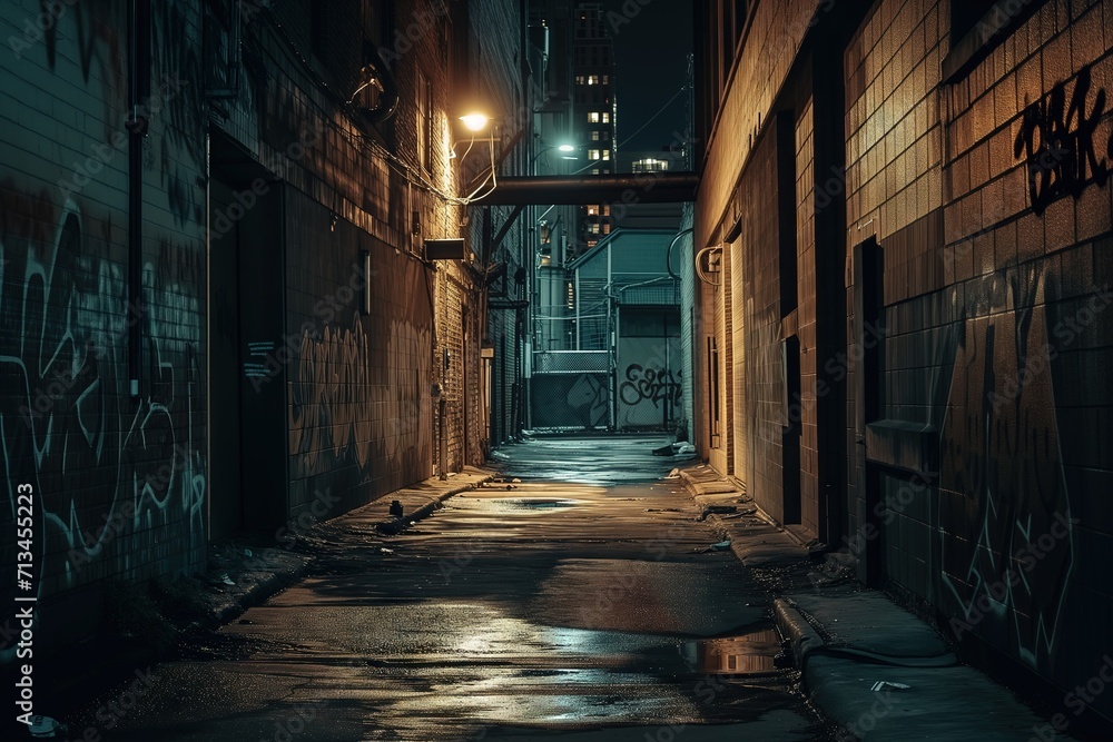 Obraz premium Grunge Noir Escape: Dark Urban Serenity. Atmospheric decay and weathered art in an enigmatic city alley. Nighttime allure. Generative AI