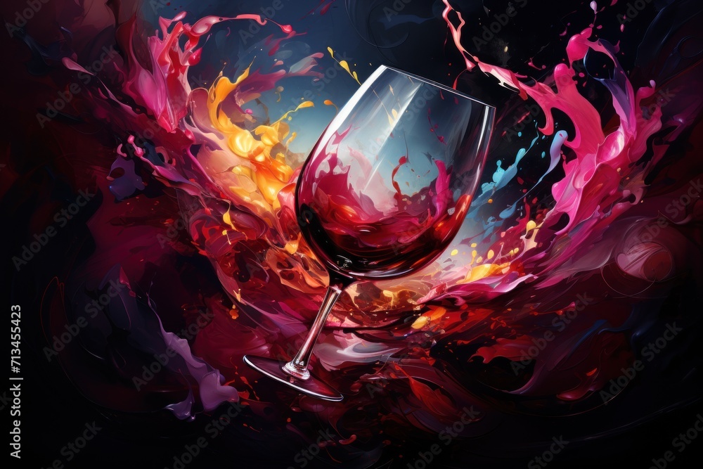  a painting of a glass of wine with a splash of red and yellow paint on the bottom of the glass. - obrazy, fototapety, plakaty 