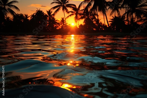  the sun is setting over a body of water with palm trees in the background and a reflection of the sun in the water.