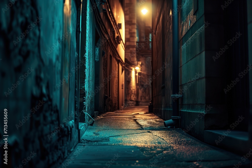 Fototapeta premium Whispering Shadows: Dimly Lit Urban Enigma. Backstreet allure with worn structures and artistic graffiti. Midnight intrigue. Generative AI