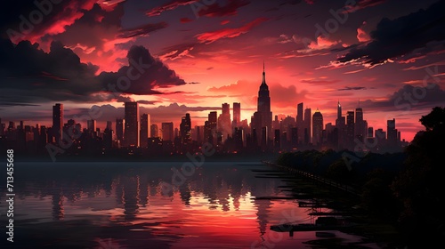bustling city skyline at sunset with warm orange and pink hues
