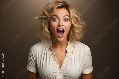 Surprise Stunner: A Beautiful Blonde Woman Expresses Astonishment with Open Eyes and a Wide-Open Mouth on a Vibrant Background