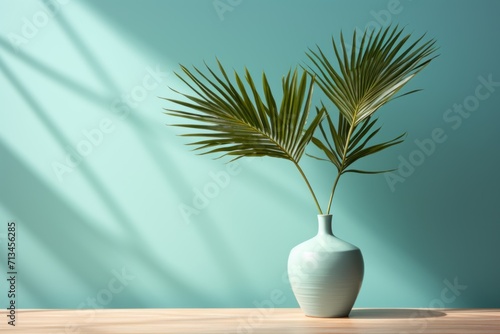  a white vase with a green plant in it on a wooden table in front of a blue wall with a shadow of a palm tree.