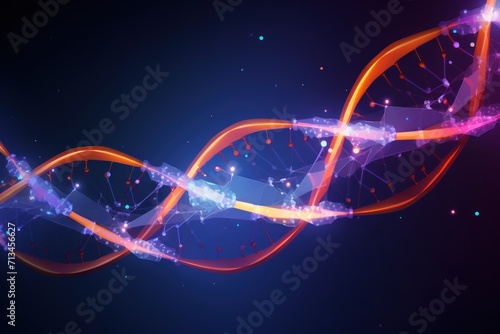  a computer generated image of a double - strand of orange and purple lines and dots on a dark blue background. © Nadia