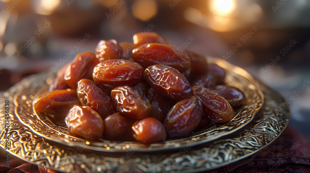 Dates fruit in oriental metal plate on the table. Selective focus. Dates fruit in oriental metal plate on the table. Selective focus.