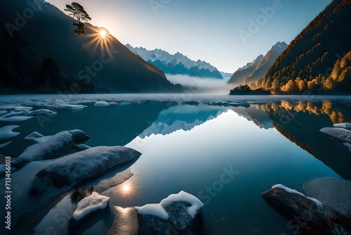 The silent beauty of Fox Glacier unfolds as the sun rises, casting a soft light on the misty mountains and the mirror-like surface of Lake Matheson.