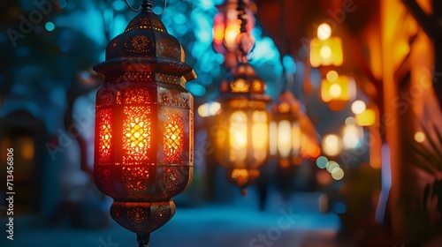 Lanterns in oriental style at night. Ramadan Kareem background.